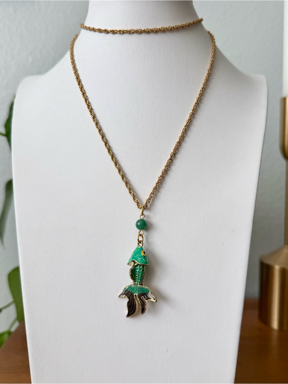 Vintage Green Cloisonné Enamel Articulated Koi Fish Pendant Necklace Gold-tone
